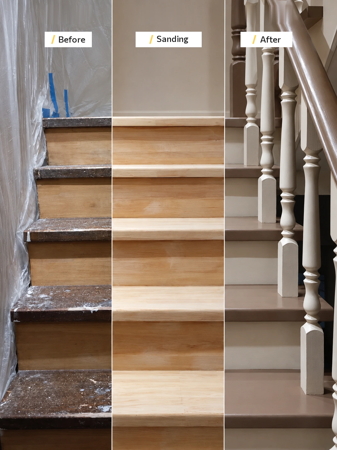Three stages of staircase restoration: before, after sanding and after painting